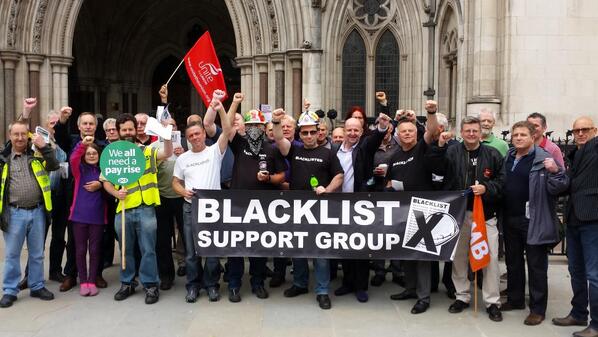 Blacklist Support Group and PCS picket stand together outside the Royal Courts of Justice, 10 July 2014