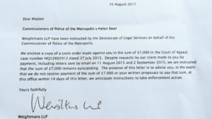 Letter from Metropolitan Police to Helen Steel demanding £7,000