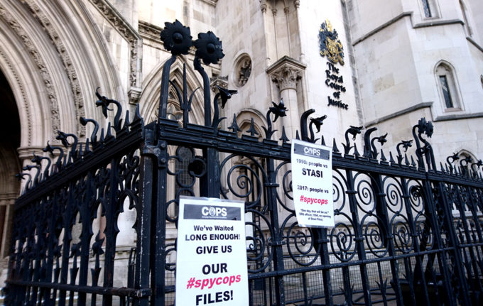 Placards outside the spycops hearing, Royal Courts of Justice