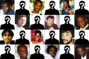 Tile pictures of 12 people whose justice campaigns were targeted by spycops, chequered ith silhouettes overlaid with question marks