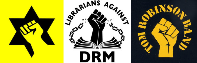 Logos of Kach, Librarians Against DRM, and Tom Robinson Band