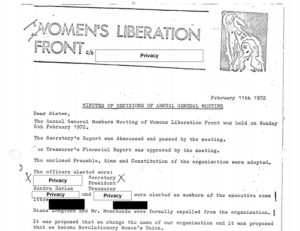 Women's Liberation Front AGM minutes 1972