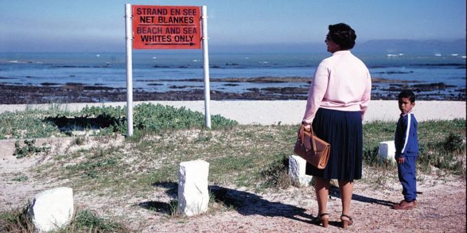 'Beach and sea whites only' sign, apartheid South Africa