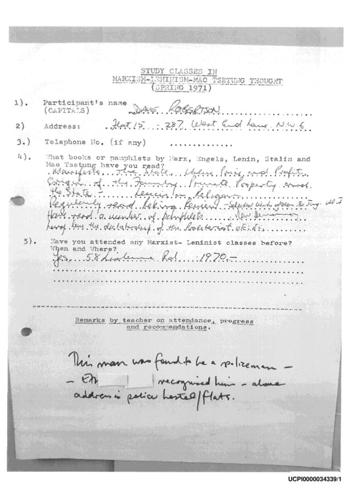 Spycop Dave Robertson's application for study classes in Marxist-Leninist Mao Tsetung thought 1971