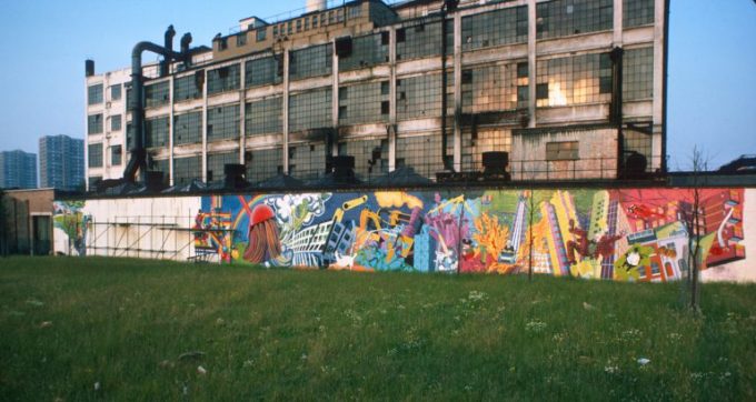 Mural c.1978 by Brian Barnes MBE (BRAG member & community artist) on the wall of Morgan Crucible factory, Wandsworth