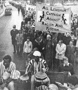 The Bishop of Southwark leads the ALCARAF banner, 13 Auguat 1977