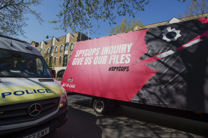 'Spycops Inquiry Give Us Our Files' banner at the notorious Stoke Newington police station where Colin Roach was killed. [Pic: David Mirzoeff & Artwork: Art Against Blacklisting Collective]