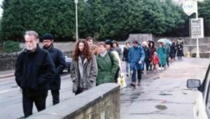 Spycop HN2 Andy Coles 'Andy Davey' (2nd from left) on a peace march at RAF Fairford, 1991