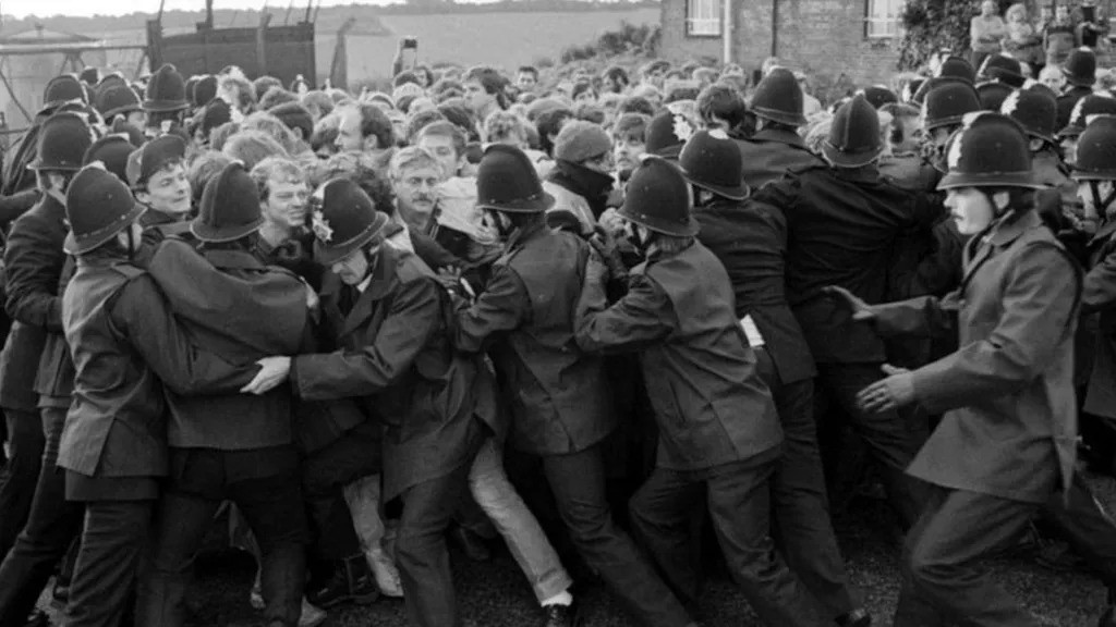 Miners and police clash during a strike at Tilmanstone Colliery in Kent in September 1984