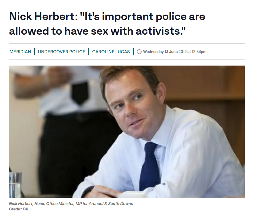 ITV news headline - 'Nick Herbert: "It's important police are allowed to have sex wiITV news headline - 'Nick Herbert: "It's important police are allowed to have sex with activists"', 13 June 2012th activists".', 13 June 2012