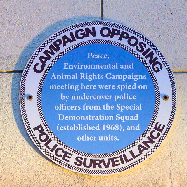 COPS blue plaque commemorating spycops' infiltration of the shop and offices at 5 Caledonian Road, London