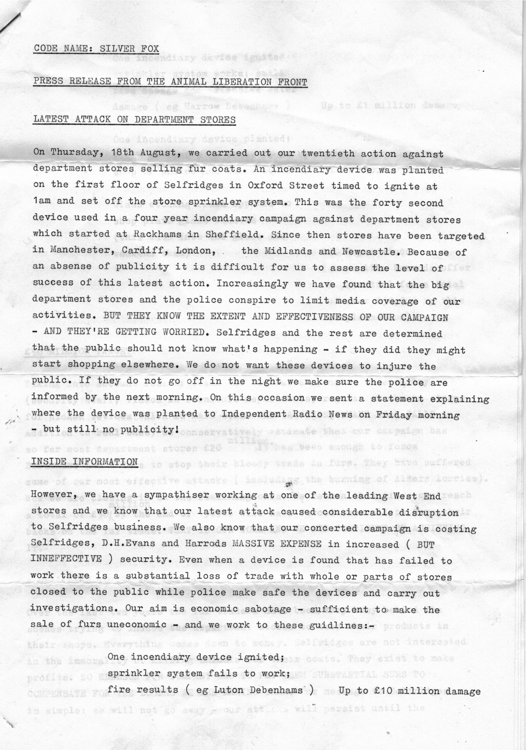 Spycop Bob Lambert's press release claiming responsibility for planting a timed incendiary device in Selfridge's, 1988.