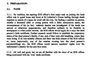 SDS Tradecraft Manual section on stealing dead children's identity, including mention of them all knowing about an officer being confronted with the death certificate