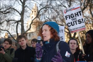 Hannah Sell, formerly of Youth Against Racism in Europe, protesting with the Socialist Party outside Parliament, 2011.