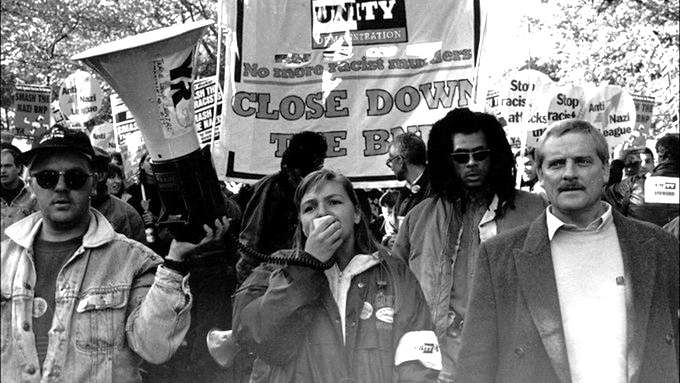 Lois Austin leading the chants on a Close Down the BNP protest