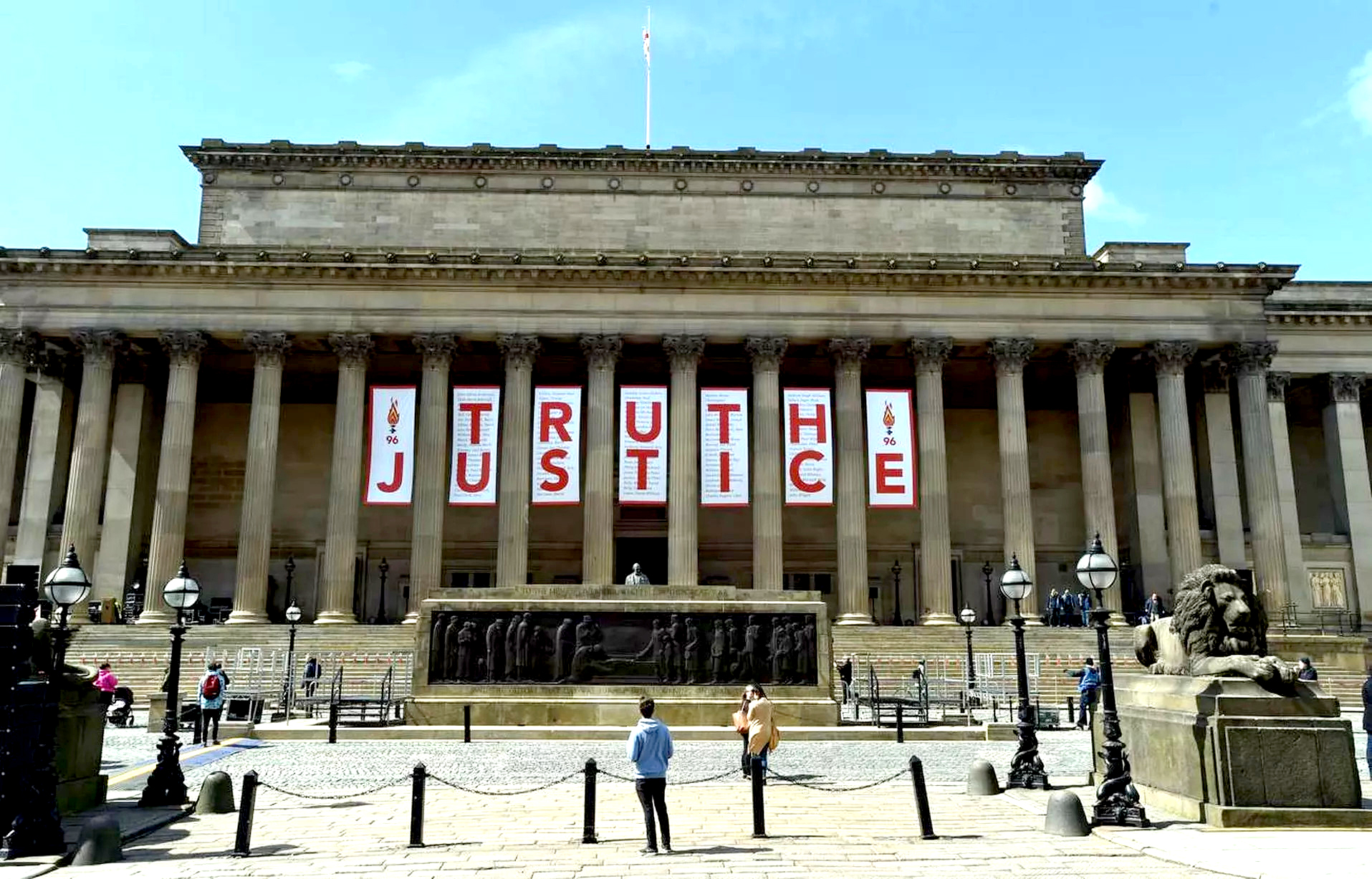 St Georges Hall, Liverpool, with Truth and Justice banners in April 2016 after inquests found those who died at Hillsborough had been unlawfully killed