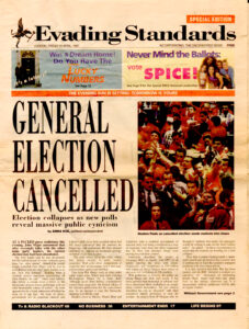 Cover of spoof newspaprt Evading Standards, produced by Reclaim the Streets, April 1997