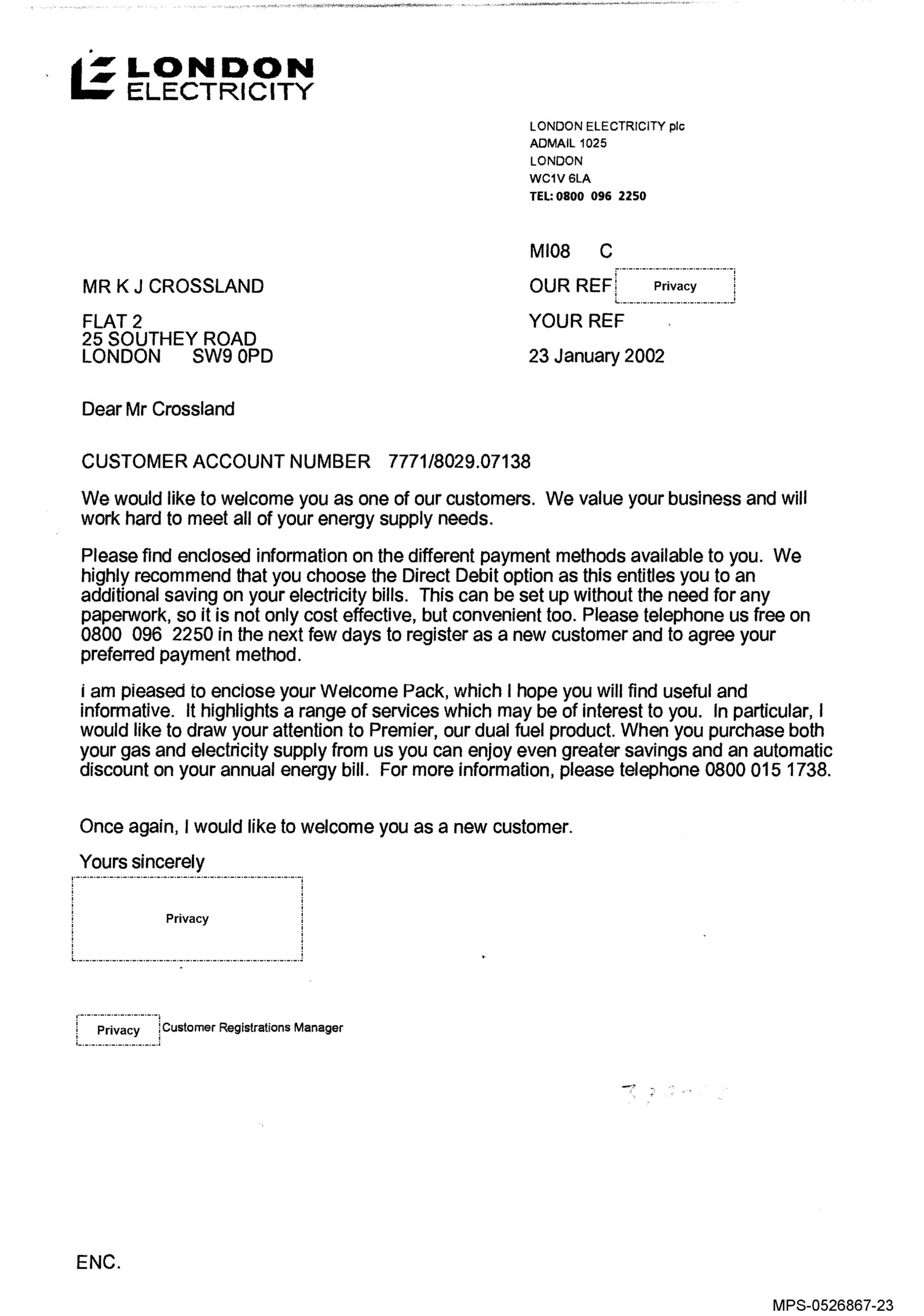James Thomson - letter from London Electricity confirming supply in the name of Kevin Crossland MPS-0526867