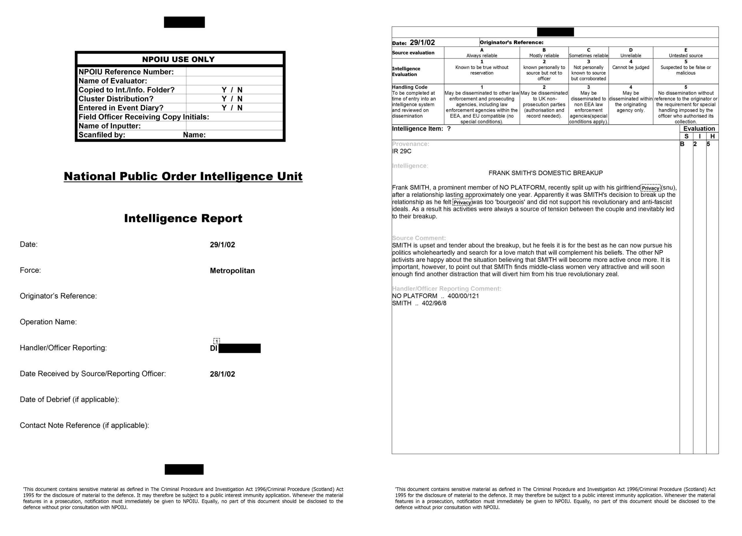 Report filed by SDS officer Carlo Soracchi on NPOIU forms, 29 January 2002