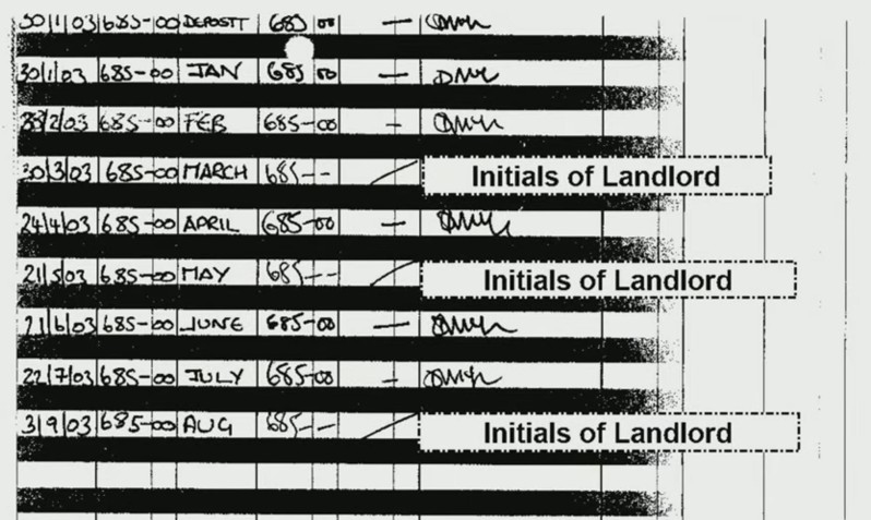 Page from Carlo Soracchi's rent book, 2003. It shows £685 per month, and huge differences in the way Donna McLean's initials are written.