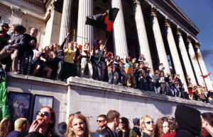 Never Mind the Ballots - Reclaim the Streets and Liverpool dockers party protest, Trafalgar Square, London, 12 April 1997